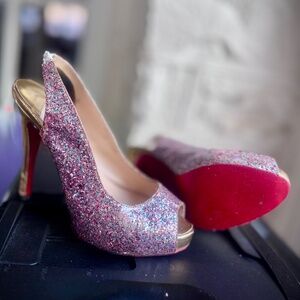 Christian Louboutin Multicolor Glitter Slingback Peep Platform Sandals Sz. 5.5